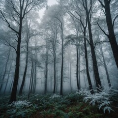 Fototapeta premium A minimalist enchanted forest with white glowing trees surrounded by thick mist.