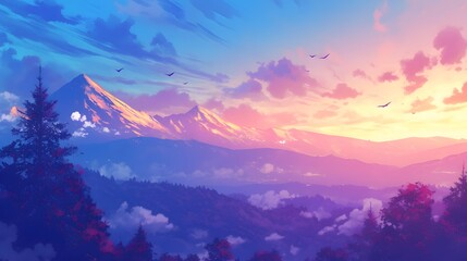 Obraz premium Forest and mountain view at sunset, anime digital painting