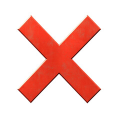 bold red X icon with textured surface, isolated on transparent background, symbolizing cross or cancelation mark. vibrant color and clear design make it stand out
