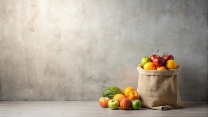 A burlap sack overflowing with a colorful assortment of fresh fruits sits against a textured wall.