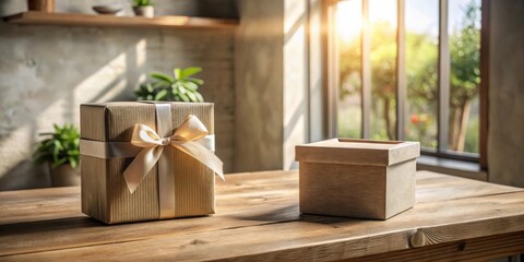 Sunlit Wooden Table with Wrapped Gift and Plain Box