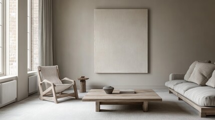 Minimalist living room with large artwork, wooden furniture, and neutral tones.