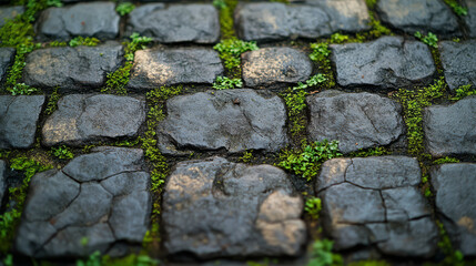 Old cobblestone texture with moss and greenery, showcasing nature beauty. weathered stones create rustic and charming atmosphere, perfect for outdoor settings