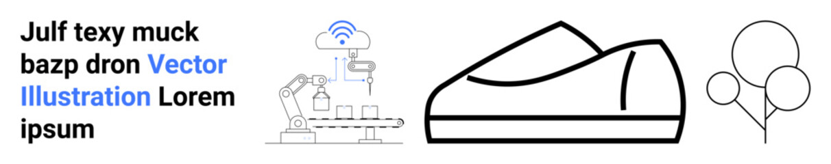 Robotic arm with networking signal, minimalist shoe in line art, and three balloons in a simple style. Ideal for technology, automation, footwear design, simplicity, minimalism, modern art