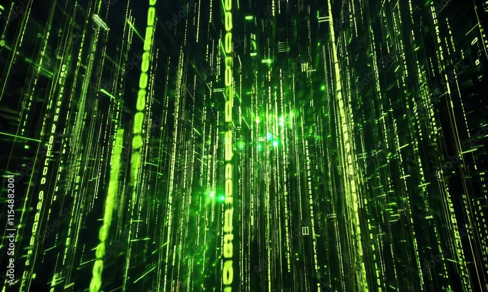 Poster abstract digital rain, cascading green code in a virtual reality matrix.