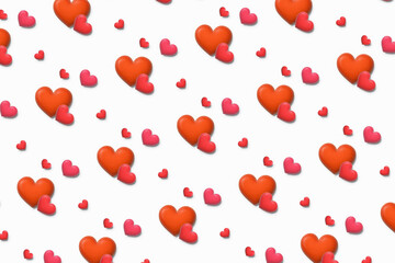 立体的な木製の赤いハートが重なるロマンチックなハート柄の白い背景