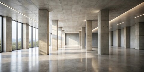 Modern Architectural Interior Design Spacious Open Plan Room with Concrete Pillars and Large Windows