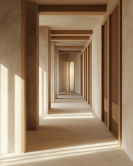 serene corridor in minimalist house featuring wooden accents and soft lighting. design emphasizes simplicity and tranquility, creating peaceful atmosphere