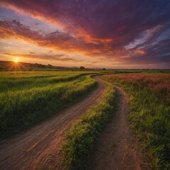 Create a panoramic landscape depicting a lush green field stretching into the distance, bordered by a winding dirt road that leads through the scene. 