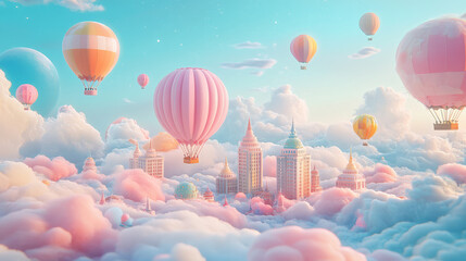dreamy landscape featuring colorful hot air balloons floating above whimsical cityscape surrounded by fluffy clouds. pastel tones create serene and magical atmosphere