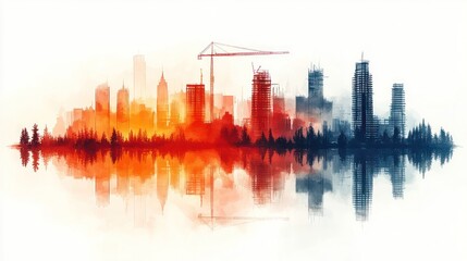Fototapeta premium City skyline with cranes and reflections at sunset.