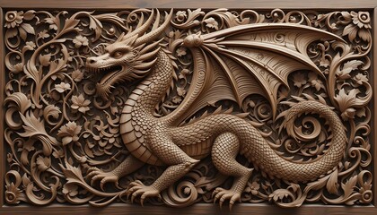 Intricate Wooden Dragon Carving Floral Frame Detailed Design
