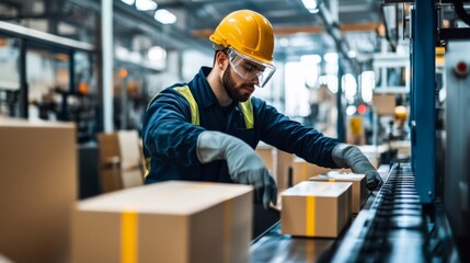 Factory worker inspecting boxes on a conveyor belt.