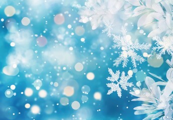 Beautiful Winter Background with Delicate Snowflakes and Soft Bokeh Effect in Shades of Blue, Perfect for Seasonal Designs and Holiday Celebrations