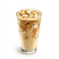 Flavorful iced coffee in a tall glass. Featuring milk and ice cubes