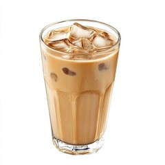 Flavorful iced coffee in a tall glass. Featuring milk and ice cubes