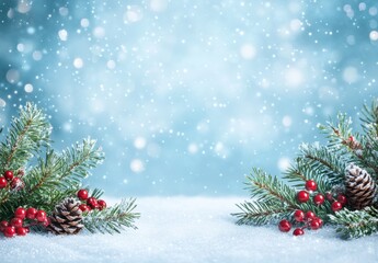 Beautiful Winter Background with Pine Branches, Red Berries, Cones, and Soft Blurred Snowflakes in a Frosty Environment Creating a Festive Holiday Atmosphere