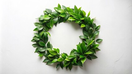 A Lush Green Wreath of Vibrant Leaves Creates a Circular Frame on a White Background