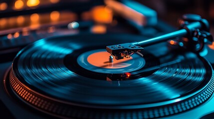 A close-up of a turntable with a spinning vinyl record in soft lighting.