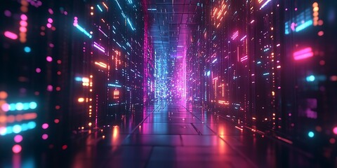 Fototapeta premium Futuristic neon-lit corridor, glowing lines and vibrant colors.