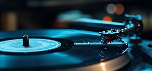 A close-up of a vinyl record playing on a turntable in a dimly lit room.