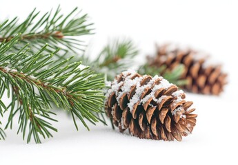 Fototapeta premium Beautiful winter composition featuring snow-dusted pine cones and evergreen branches creating a cozy, festive atmosphere for seasonal themes and holiday celebrations