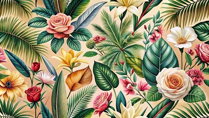 Lush Tropical Floral Design with Vibrant Roses and Exotic Leaves