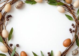 A beautifully arranged Easter wreath featuring various decorative eggs and greenery, symbolizing the celebration of Easter and renewal