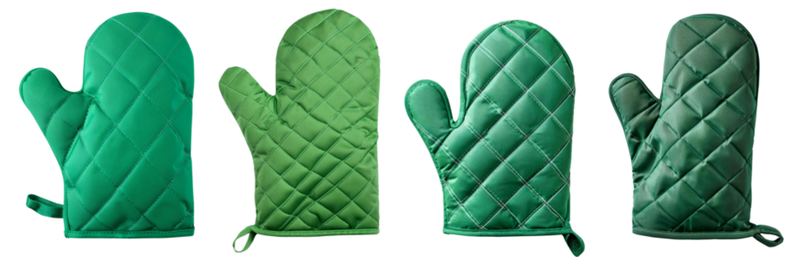 Colorful green oven mitts ready for baking and cooking in the kitchen.