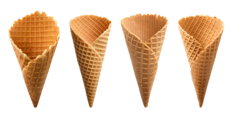 Four empty waffle cones perfect for ice cream or dessert presentations.