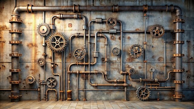 Rustic Industrial Wall Decor Featuring Intricate Metal Pipes and Gears
