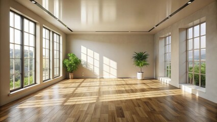 Obraz premium Sunlit Empty Room with Hardwood Floors and Large Windows