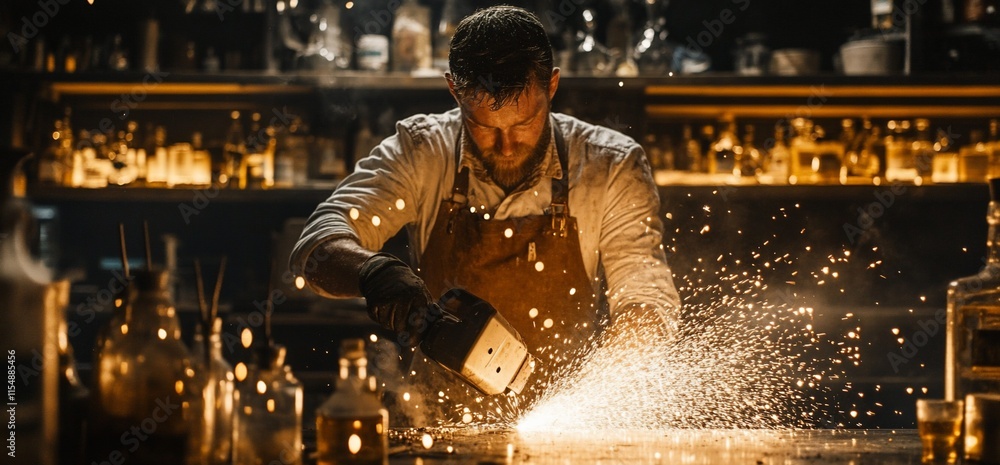Poster a craftsman working with sparks in a dimly lit workshop filled with bottles.