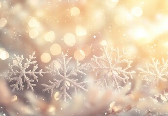 Naklejka premium Beautiful winter scene with delicate snowflakes illuminated by soft glowing lights in a dreamy bokeh background for festive holiday imagery