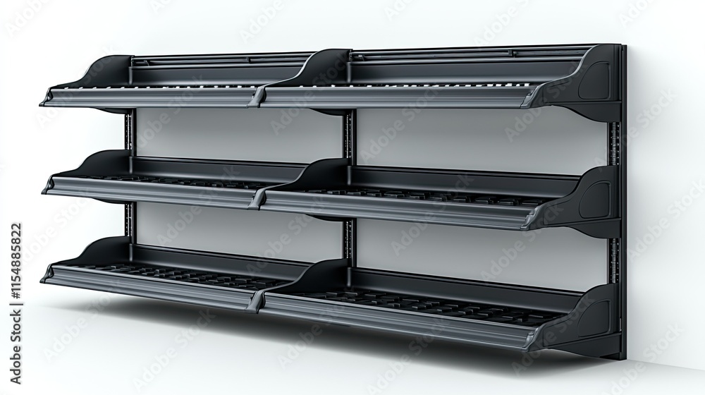 Poster a black shelving unit with multiple tiers for displaying or storing items.
