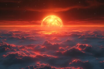Red giant sun rising above clouds.
