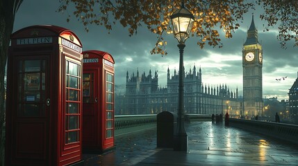 London. Big Ben and Red Telephone Boxes on Westminster Bridge