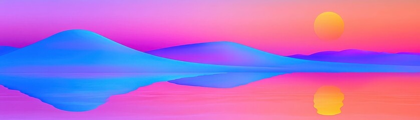 Obraz premium A vibrant sunset over serene hills, blending hues of pink, blue, and orange, reflecting beautifully on calm waters.