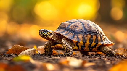 Obraz premium Tortoise in Autumn Leaves. Wildlife, Nature, Reptile
