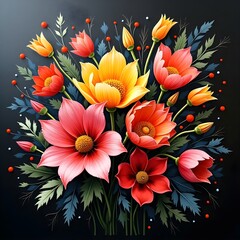 A minimalist yet vibrant depiction of flowers using bold brush strokes on black canvas