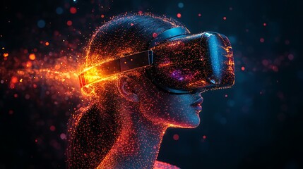 Woman Immersed In Virtual Reality Embraces Digital Fire