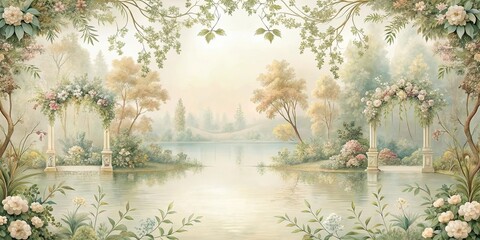 Serene Garden Landscape with Floral Archway and Tranquil Water Reflection