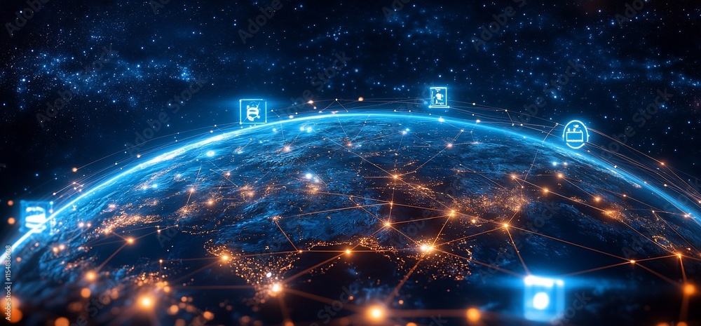 Poster a digital representation of earth interconnected with technology and data symbols.