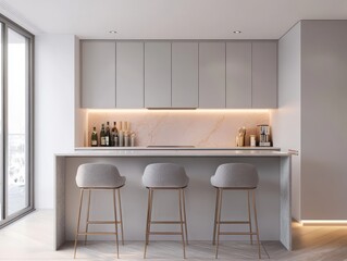 Fototapeta premium Modern Minimalist Kitchen Island with Bar Stools