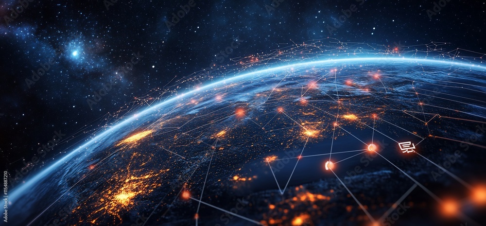 Poster a digital representation of earth with interconnected networks and lights.