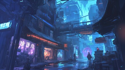 Obraz premium Gloomy alleyway in a bustling cyberpunk city, with dim neon lights and a darkened street