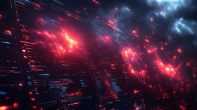Futuristic digital interface with red and blue glowing data streams.