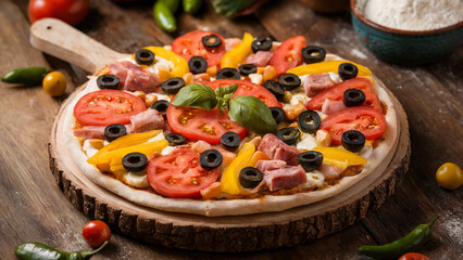 A close-up shot shows a pizza on a wooden board, sliced into wedges. It's topped with tomatoes, olives, and fresh basil
