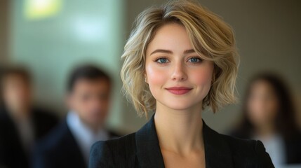 Fototapeta premium A woman with a short blonde hair and a black suit is smiling at the camera. Generative AI