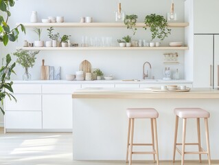 Modern Minimalist Kitchen With White Cabinets And Wooden Shelves